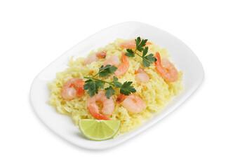 Delicious risotto with shrimps, lime and parsley isolated on white