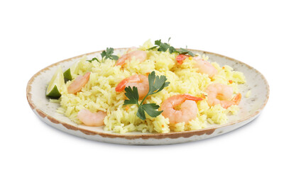 Delicious risotto with shrimps, lime and parsley isolated on white
