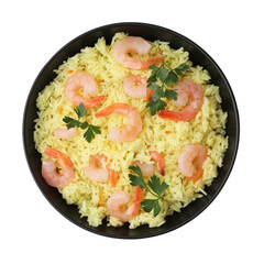Delicious risotto with shrimps and parsley in bowl isolated on white, top view