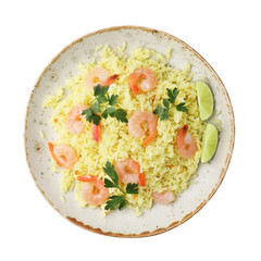 Delicious risotto with shrimps, parsley and lime isolated on white, top view