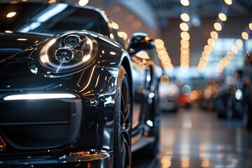 Black luxury cars in showroom.
