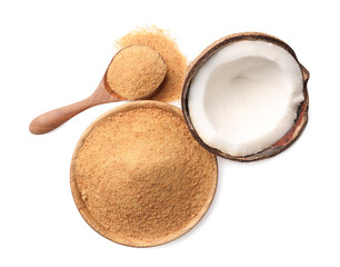 Coconut sugar in bowl, spoon and fruit isolated on white, top view