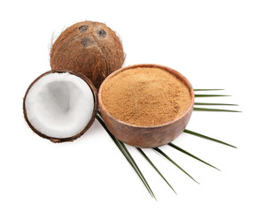 Coconut sugar in bowl, fruits and palm leaf isolated on white
