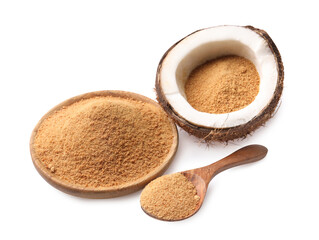 Coconut sugar in bowl, spoon and fruit isolated on white