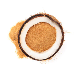 Coconut sugar and fruit isolated on white, top view