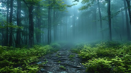 Fototapeta premium Early morning misty forest woods. Generative AI.