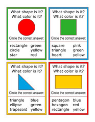 Shape and color quiz. Educational flash cards or worksheet. Teach, learn, reinforce basic math and colors concepts.
