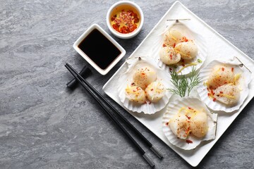 Raw scallops with spices, dill, lemon zest, shells and soy sauce on grey marble table, flat lay