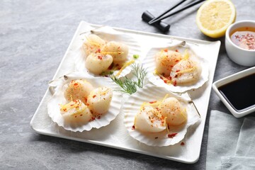 Raw scallops with spices, dill, lemon zest and shells on grey marble table, closeup