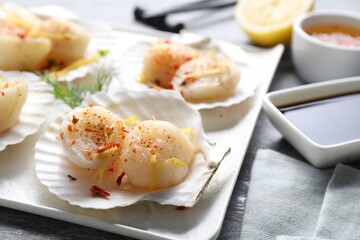 Raw scallops with spices, dill, lemon zest and shells on grey marble table, closeup