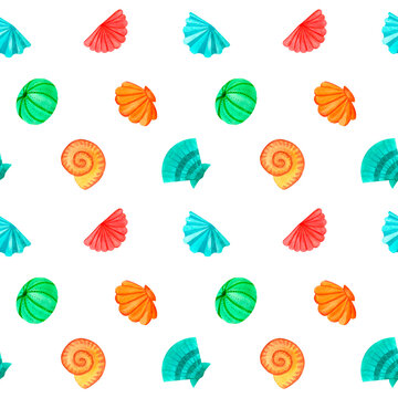 Doodle seashells and stones. Marine underwater sea animal seamless pattern, watercolor art in ocean kids style, for decor children, package, scrapbook, school, nursery, invitation, print, postcard