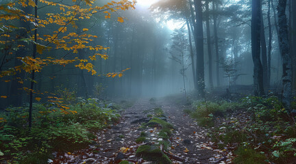 Fototapeta premium Early morning misty forest woods. Generative AI.