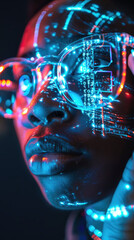 A close-up portrait of a person wearing glasses with blue and red digital data displayed across their face