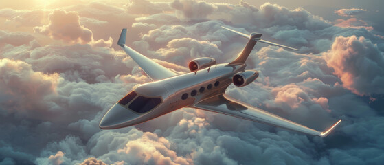 Obraz premium A luxurious private jet glides smoothly above a breathtaking cloudscape during a golden hour, embodying the essence of grandeur and freedom.