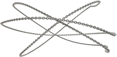 Modern Metamorphosis: Steel Chain Art. Witness the unexpected! This 3D illustration transforms sharp steel chains into graceful twists, perfect for sparking creative art and fashion (transparent BG