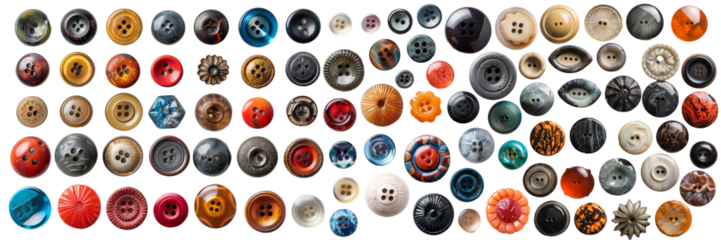 A collection of assorted buttons in different shapes and colors on transparent background