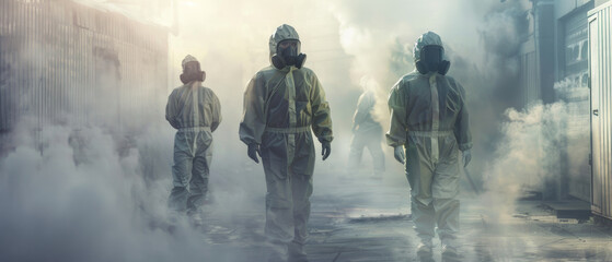 Fototapeta premium Figures in hazmat suits navigate through a thick, smoky environment, embodying a sense of mystery and tension in an industrial setting.