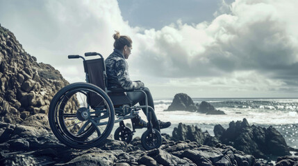 Obraz premium A woman in a wheelchair sits on a rocky coastline overlooking the ocean. The cloudy sky and turbulent water create a dramatic backdrop for her contemplative pose