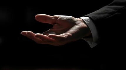A close-up shot of a hand extended in a gesture of offering or asking, set against a dark background and dressed in a formal suit.