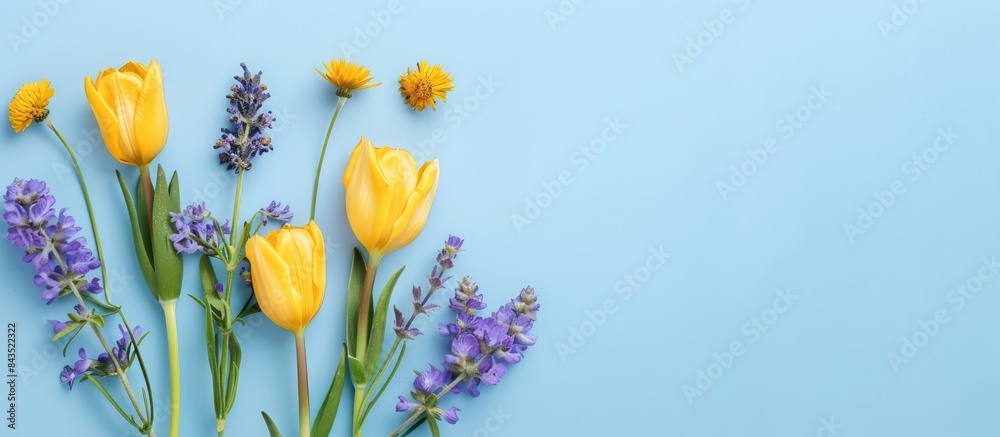 Canvas Prints Yellow and purple flowers arranged on a pastel blue background, evoking a springtime Easter theme in a flat lay with a top view and ample space for text.