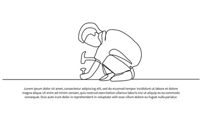 Continuous one line design of little boy works hard.Minimalist style vector illustration on white background.