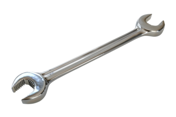 Silver open-end wrench isolated on transparent background. Close-up of versatile tool for mechanical, automotive, and general hardware use.