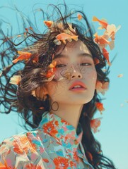 Ethereal image of a woman with flowing hair, flowers, and goldfish surrounding her face