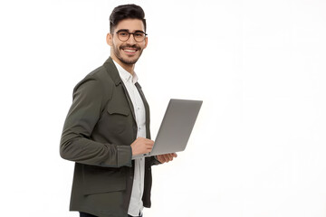 Portrait of young modern businessman standing holding laptop isolated on white background