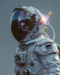 An astronaut in a detailed spacesuit with a helmet reflecting a starry cosmos, blending reality and fantasy