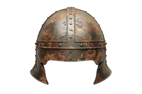 Vintage medieval iron helmet with rusted texture on transparent background. showcasing historical armor design, perfect for historical themes.