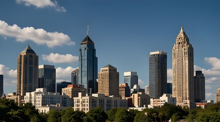 Fototapeta premium Downtown Atlanta Skyline showing several prominent buildings and hotels under a blue sky.generative.ai