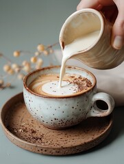 Close-up view of milk being poured into a coffee cup, making a latte art pattern on the coffee surface