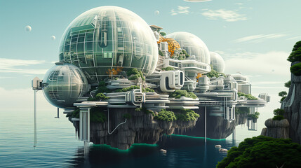 Obraz premium Sustainable Futuristic Cliffside City Architecture. Biotech Green Design. New Energy Sources, Smart Technology. Addressing Ecology, Climate Change, Overpopulation, Global Warming, Water Level Rise