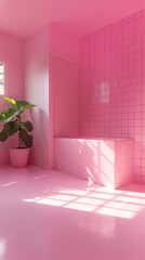 A minimalist interior shot with pink tiles, sunlight casting shadows, and a green potted plant in the corner