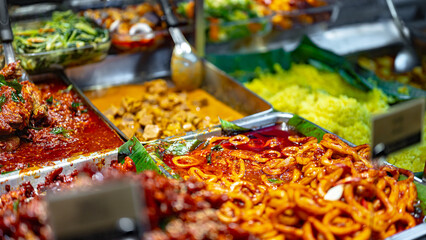 Traditional Asian dishes sold in a food court in Singapore