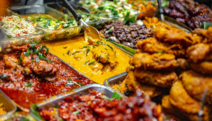 Traditional Asian dishes sold in a food court in Singapore