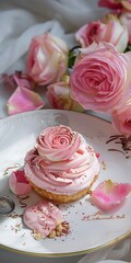 An image featuring a single cupcake with pink frosting, decorated with rose petals, on a sophisticated plate