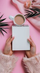 Hands hold a spiral notepad above a pink backdrop with a coffee cup and flora, conveying a creative or planning concept