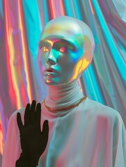 Surreal digital representation of a figure in white clothing and a black glove against a vibrant background