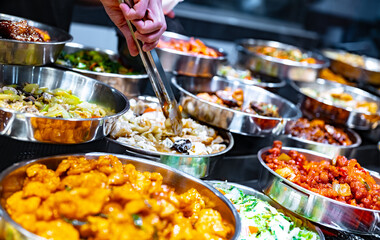 Traditional Asian dishes sold in a food court in Singapore