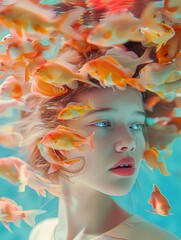 Creative portrait of an individual with fish seamlessly integrated as hair in a vibrant underwater scene
