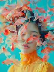 A vibrant portrait of a woman with colorful fish creating a whimsical and surreal atmosphere