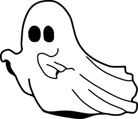 cartoon caped ghost, fun, halloween, line drawing, wear white, coloring book, illustration