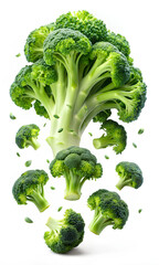 Green broccoli falling on isolate white background, clipping path, selective focus