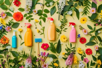 Spray bottles, flowers, leaves on yellow background