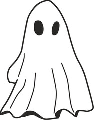 cartoon caped ghost, fun, halloween, line drawing, wear white, coloring book, illustration