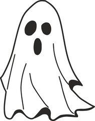 cartoon caped ghost, fun, halloween, line drawing, wear white, coloring book, illustration