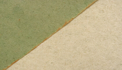 Fototapeta premium Handmade paper texture with beige and green, coarse fibers, speckles, a rough torn edge, rustic, artistic projects.