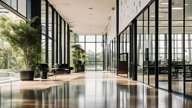 A modern meeting room with transparent partitions, with a large table and comfortable office chairs