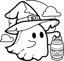 cartoon caped ghost, fun, halloween, line drawing, wear white, coloring book, illustration